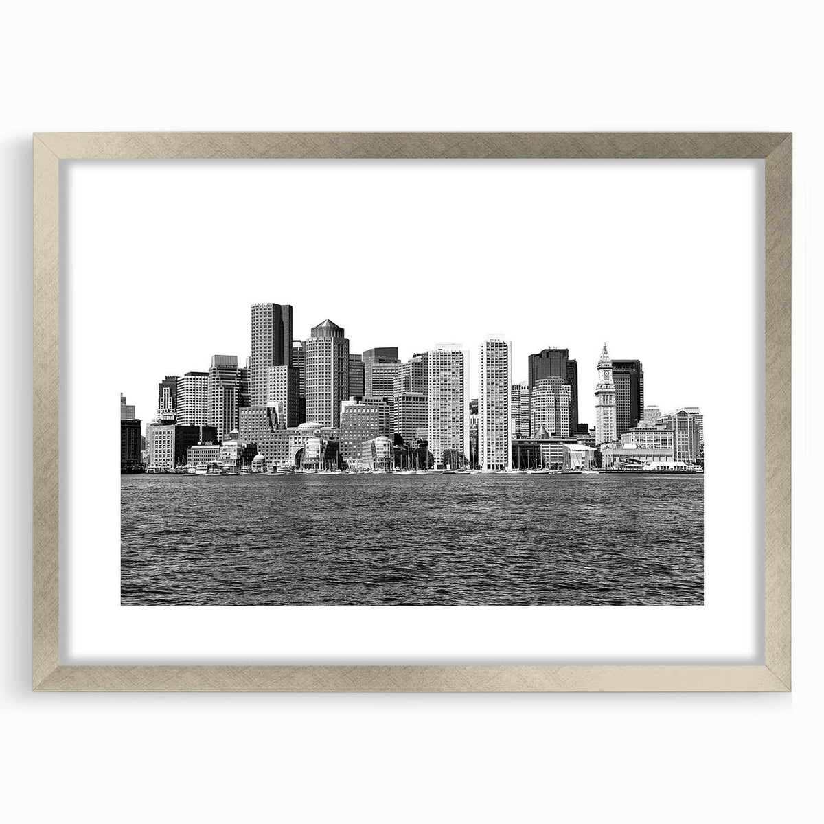Textured abstract art print of Boston skyline in muted gray and silver hues, framed with a silver mat.