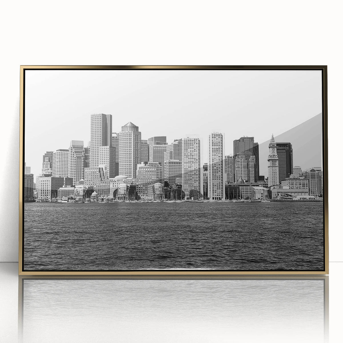Framed acrylic print of Boston skyline in muted gold and blue tones, ideal for modern art wall decor.