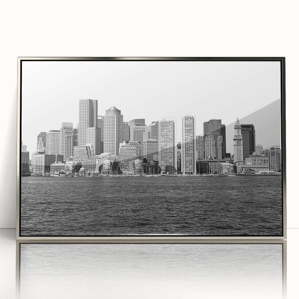 Mid-century modernist art of Boston skyline in muted blue tones on a framed acrylic, suitable for modern art wall decor.