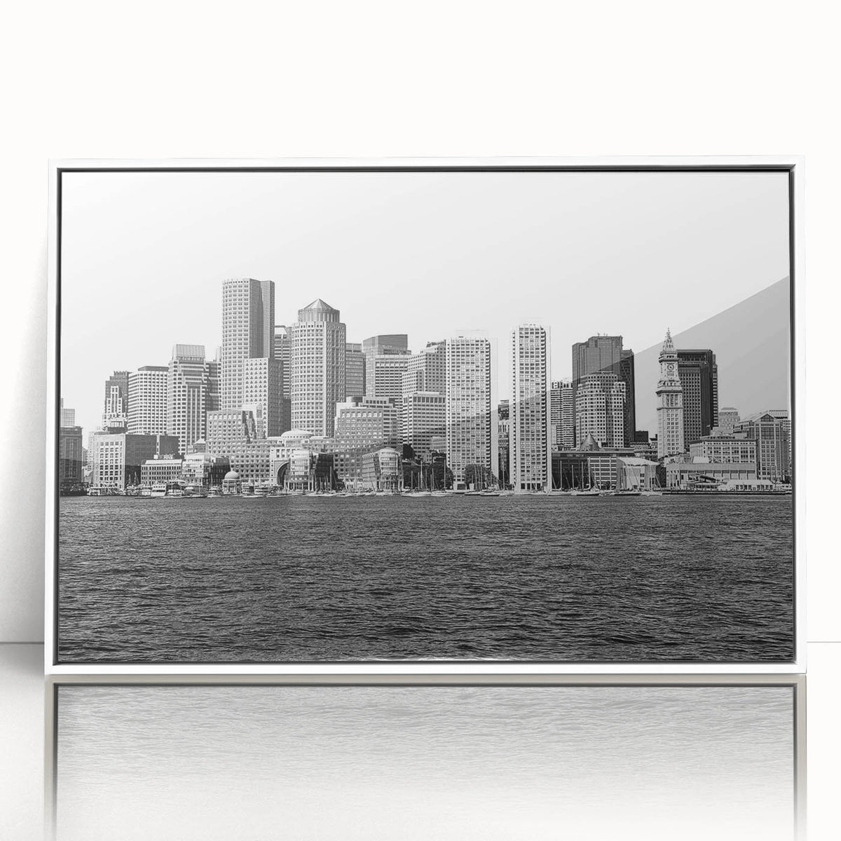 Acrylic print of Boston skyline with muted gray and blue tones in an art deco style, ideal for modern art wall decor.