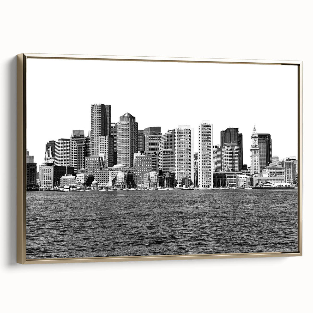 Framed canvas depicting a vintage-style Boston landscape in black and gold tones, ideal for bedroom wall art.
