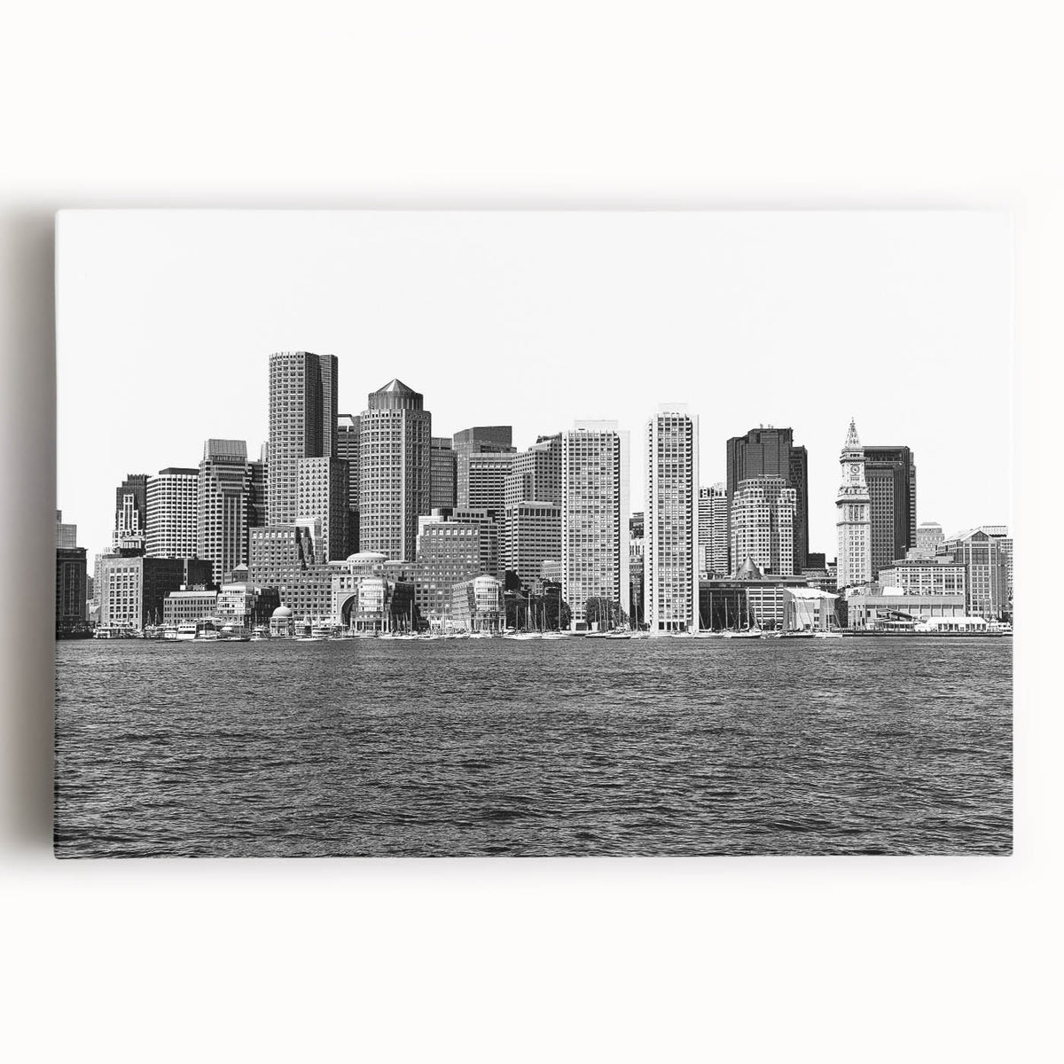 Black and white photograph of Boston skyline on large stretched canvas, suitable as kitchen art.
