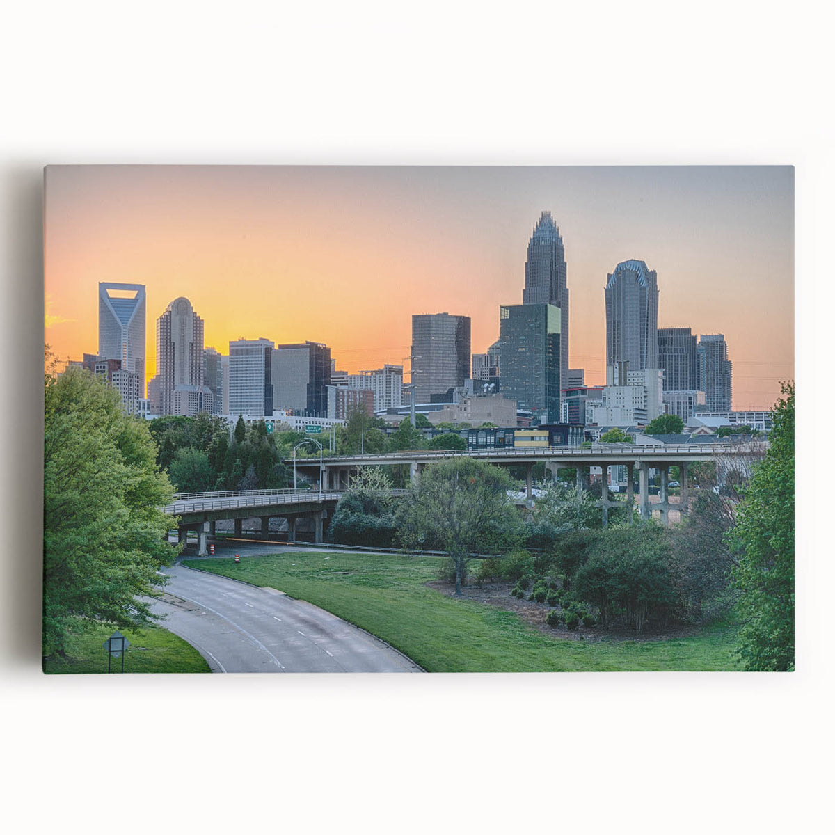 Black and white large art print of Charlotte skyline on stretched canvas, ideal for kitchen wall art.