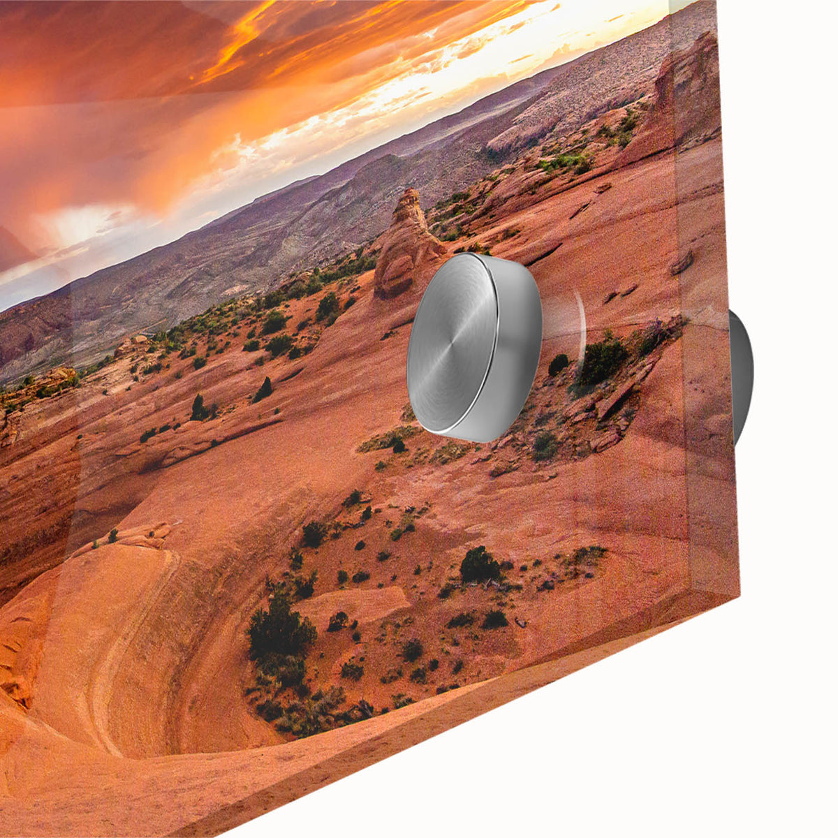 Mid-century modernist style large abstract depiction of Utah Arches on acrylic glass, using earth tones.