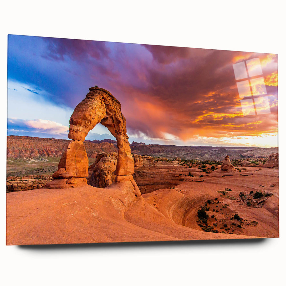 Large abstract wall art of Arches National Park in Utah on acrylic glass, featuring earthy red and orange tones.