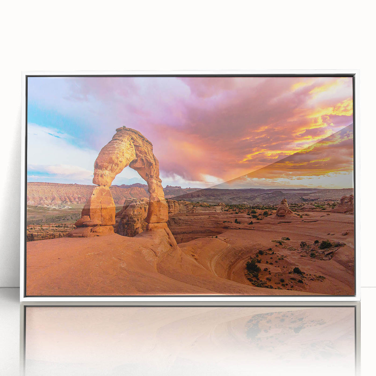 Arches National Park scene in muted earth tones on a white framed acrylic, ideal for modern art wall decor.
