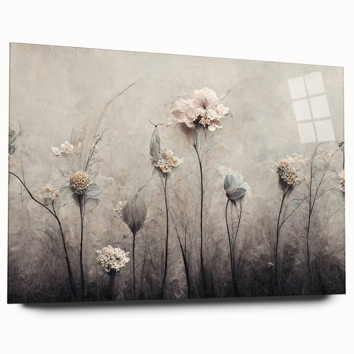 Abstract floral wall art displayed in a side view, showcasing vibrant colors and intricate details on acrylic glass, ideal for modern home decor.