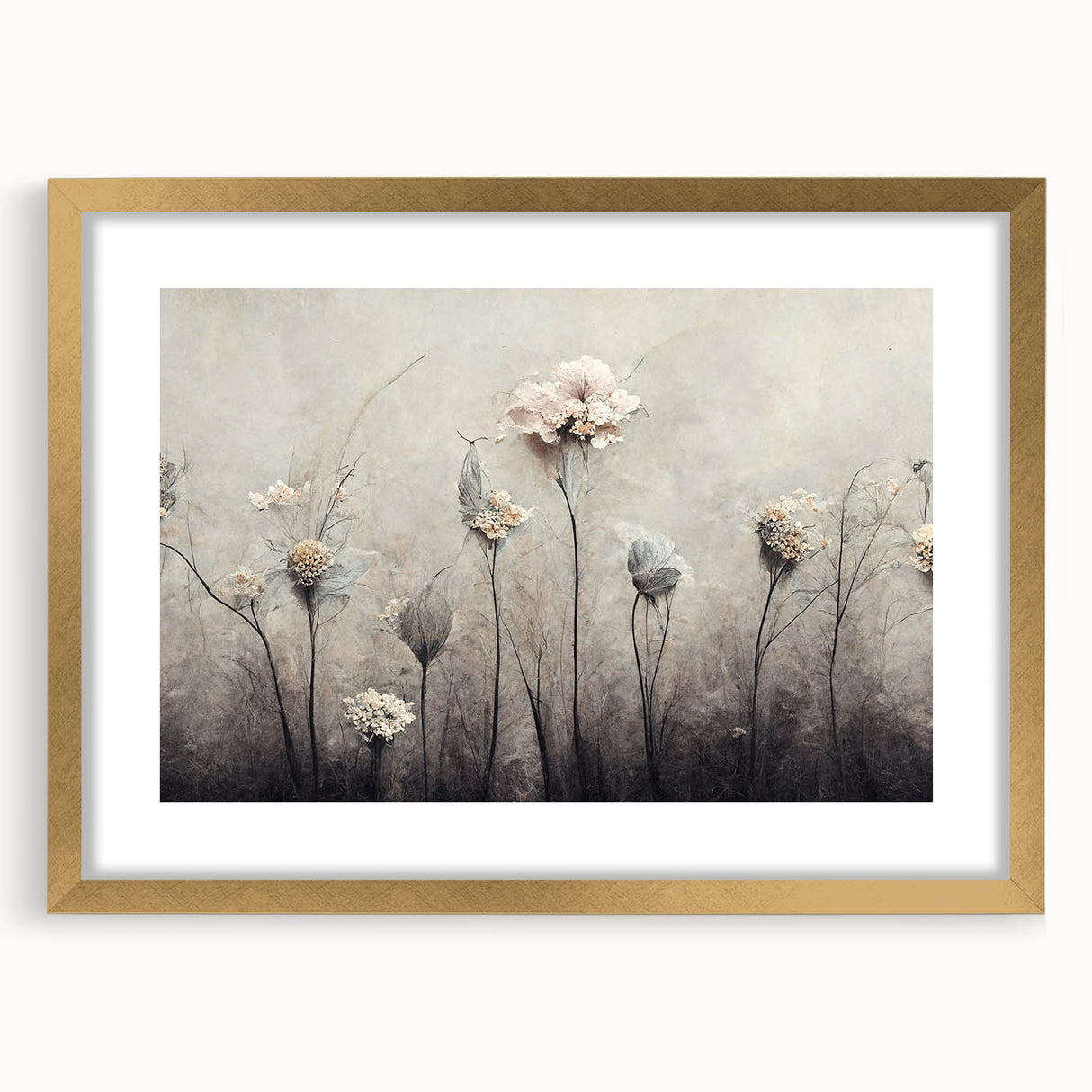 Abstract floral wall art in a gold frame with matting, showcasing vibrant colors and intricate designs, perfect for enhancing modern home decor.