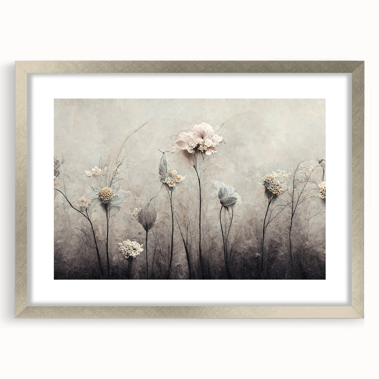 Abstract floral wall art framed in silver with a white mat, showcasing vibrant colors and intricate designs, perfect for modern home decor. Ideal for enhancing living spaces.