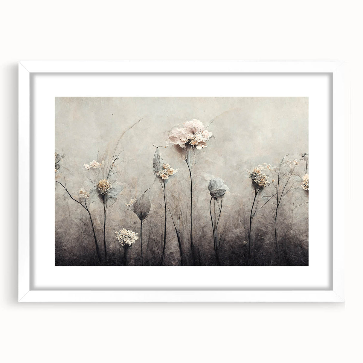 Abstract floral wall art framed in white with a mat, displaying vibrant blue, pink, and green colors. Ideal for modern home decor, enhancing living spaces with elegance and style.