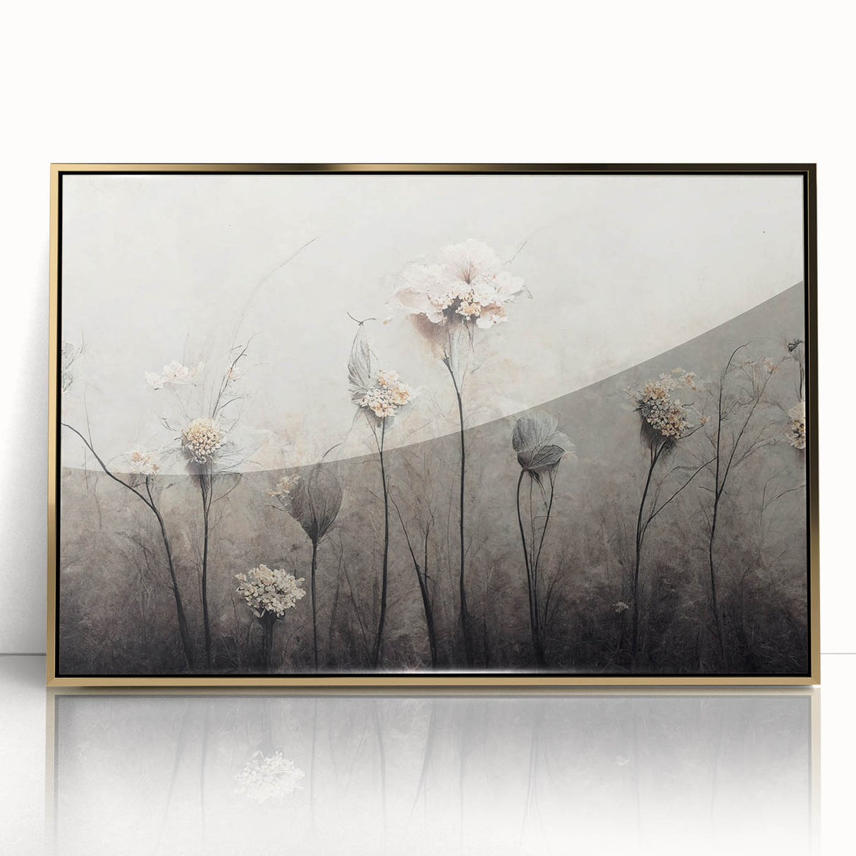 Framed abstract floral wall art featuring vibrant colors and intricate designs, set in a sleek gold-acrylic frame, ideal for modern home decor.