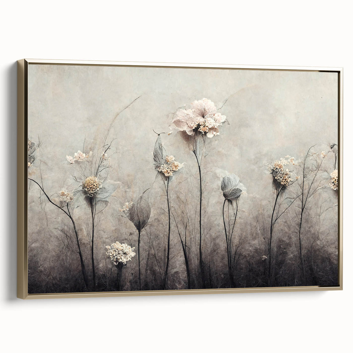 Framed canvas wall art showcasing an abstract floral design in vibrant colors, accented with gold details, presented from a side view to highlight its depth and elegance. Perfect for modern home decor.