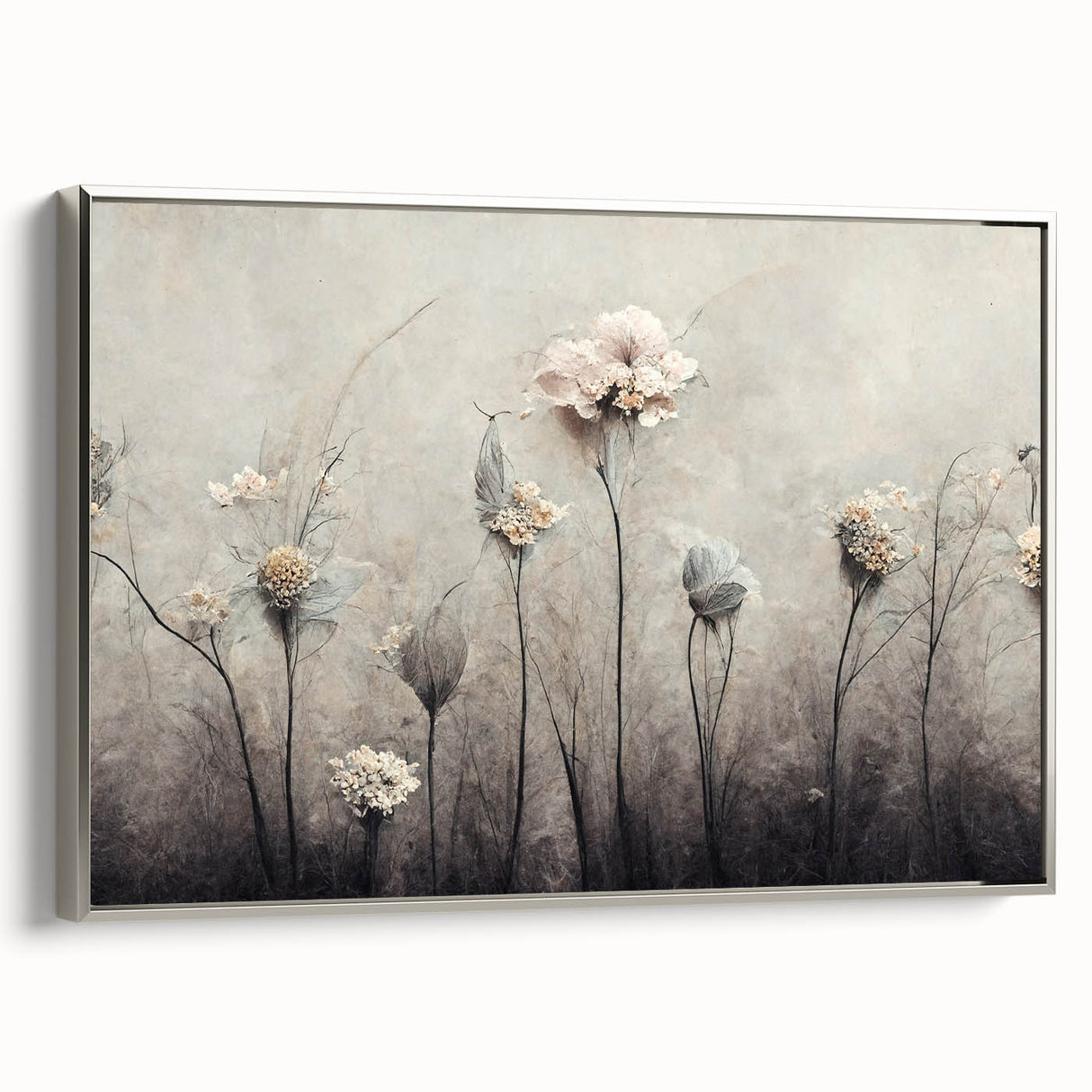 Framed abstract florals wall art with silver accents, showcasing vibrant colors and intricate designs, perfect for modern home decor. Side view highlights its elegant finish and artistic appeal.