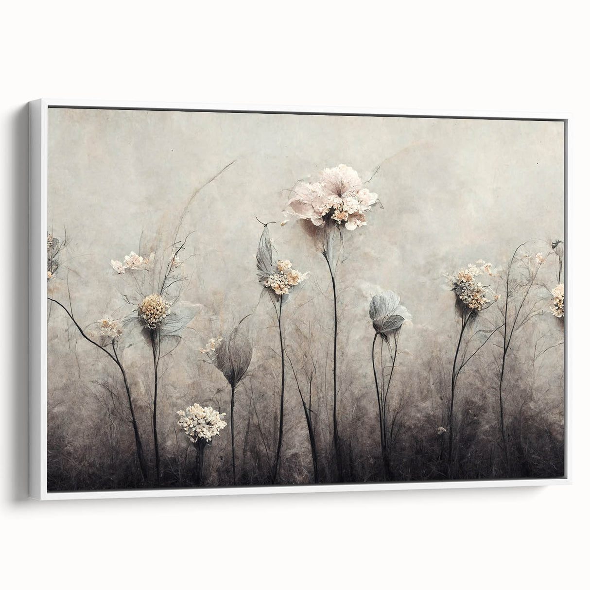Framed canvas wall art displaying an abstract floral design with colorful blooms and green leaves on a white background, showcasing a sleek side view for modern decor.