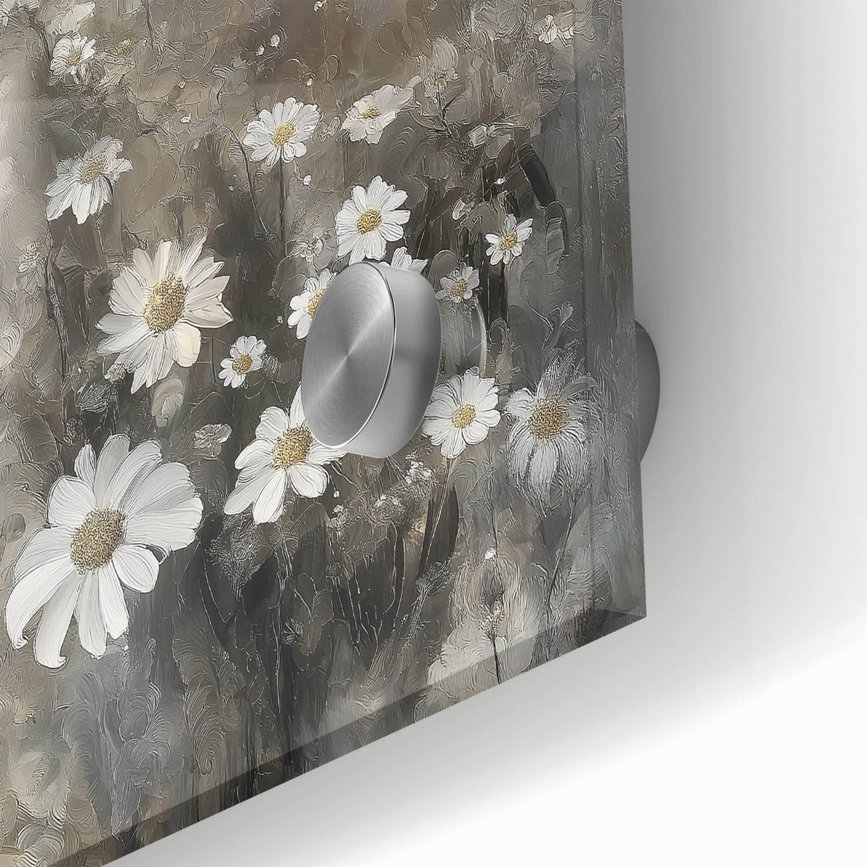 Abstract figurative acrylic artwork displayed on glass, featuring vibrant colors and dynamic shapes, ideal for modern home decor or art enthusiasts.