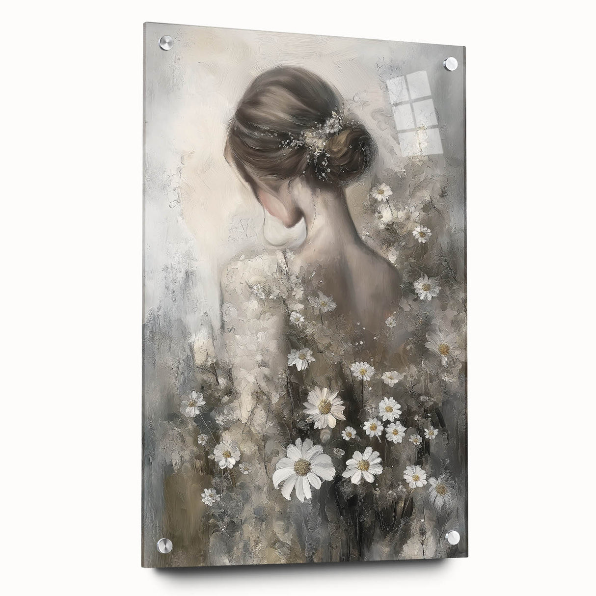 Abstract figurative acrylic artwork displayed in a glass frame, highlighting vibrant colors and dynamic shapes, accented by decorative pins for a modern touch. Ideal for contemporary art lovers seeking a unique home decor piece.