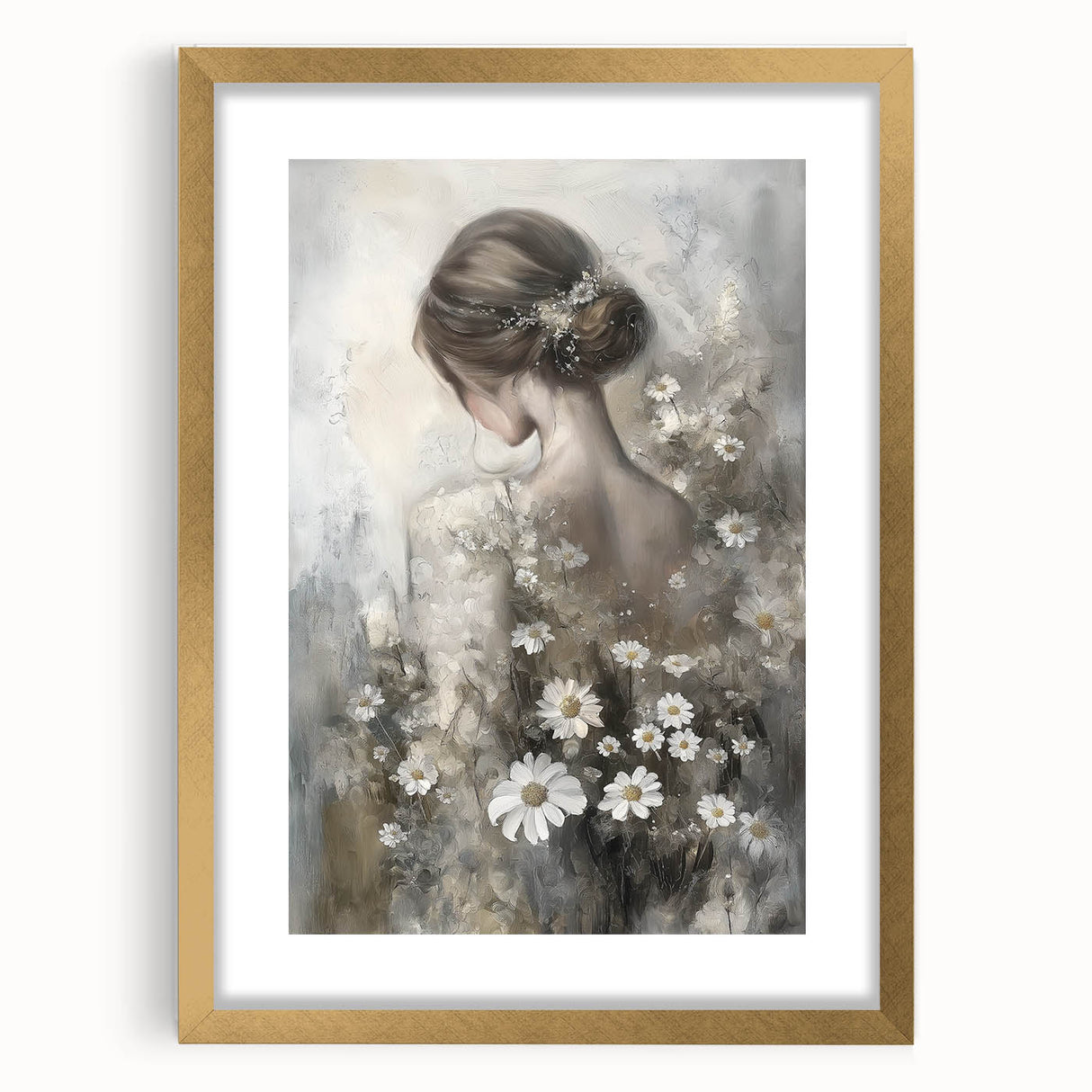 Abstract figurative artwork framed in a gold mat, showcasing a blend of dynamic colors and shapes. Ideal for modern decor, enhancing any space with elegance.