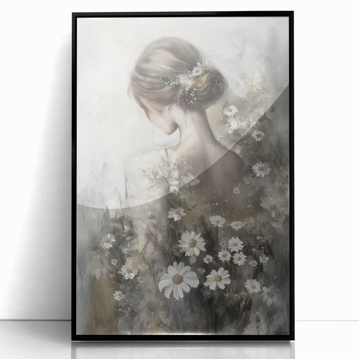 Framed acrylic artwork in black showcasing an abstract figurative design, emphasizing bold shapes and smooth lines, perfect for modern home decor.