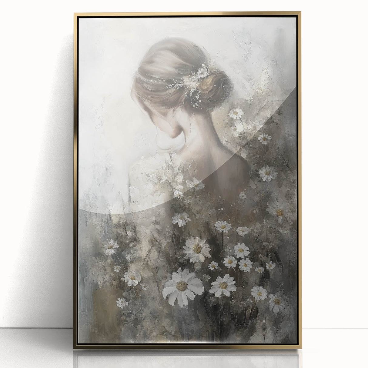 Framed acrylic artwork showcasing an abstract figurative design with gold accents, set against a light background, ideal for modern home decor and art enthusiasts.