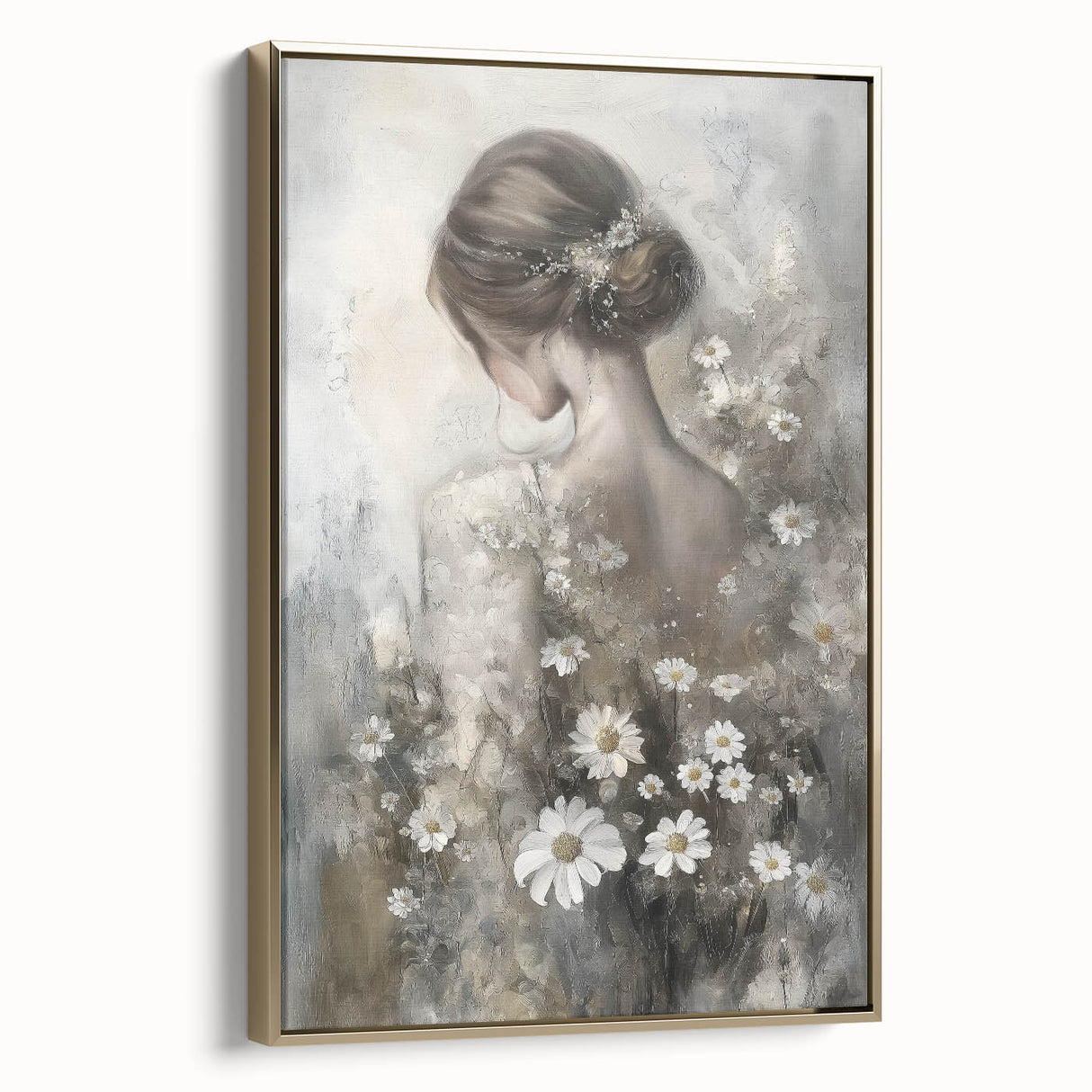 Framed abstract figurative canvas artwork showcasing a gold side view, emphasizing modern design elements and rich texture, perfect for contemporary decor.