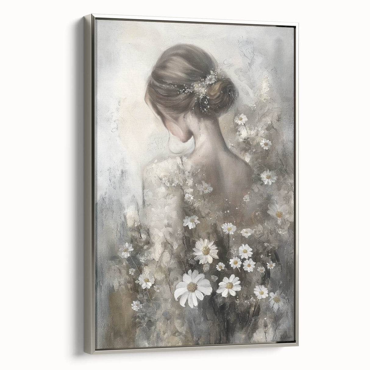 Framed abstract figurative canvas art showcasing a silver frame, highlighting intricate designs and textures, ideal for modern home decor. Perfect for adding a contemporary touch to any living space.