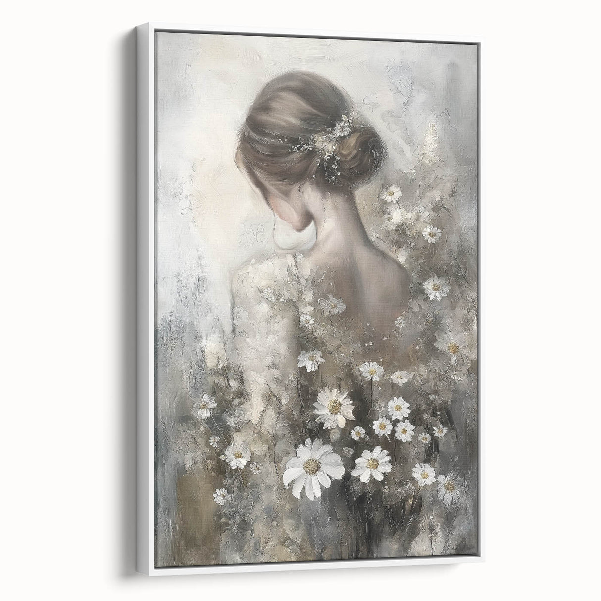 Framed abstract figurative canvas artwork showcasing a modern design in neutral tones. The piece features a white frame, complementing its contemporary style, ideal for enhancing living spaces or galleries.