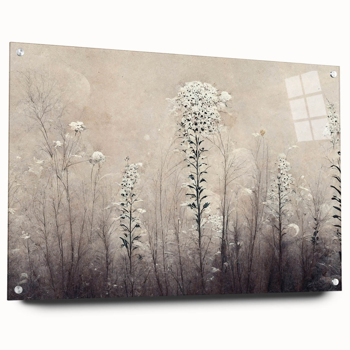 Abstract floral wall art design displayed in a side view, featuring vibrant colors on acrylic glass, secured with stylish pins, ideal for modern home decor.