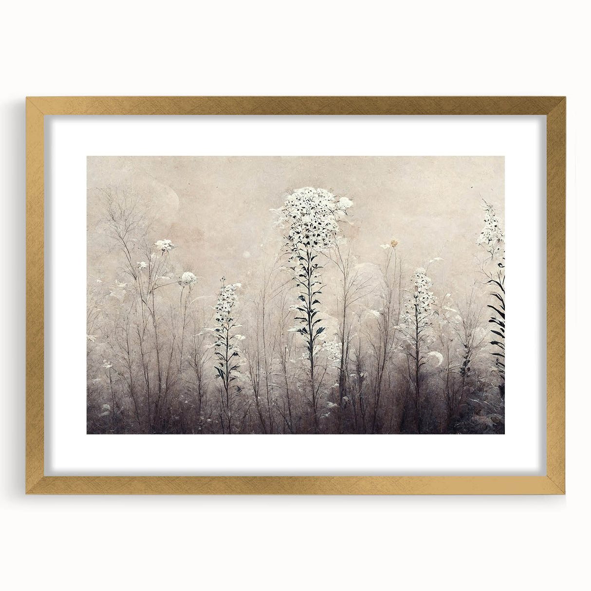 Abstract floral wall art framed in gold with a white mat, showcasing vibrant colors and intricate designs, perfect for enhancing modern home decor.