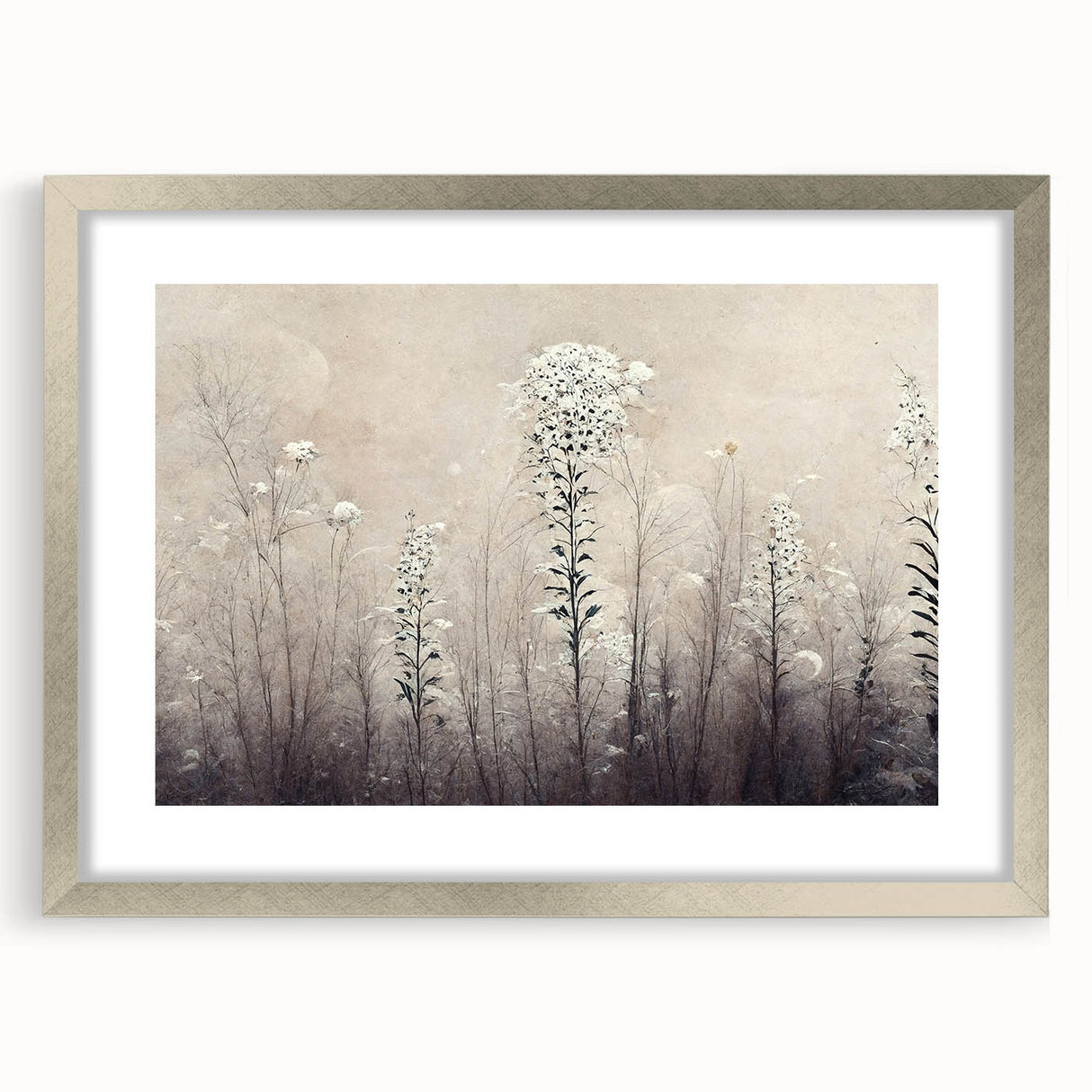 Abstract floral wall art in a silver frame with a mat, showcasing vibrant colors and intricate designs, ideal for modern home decor and artistic ambiance.