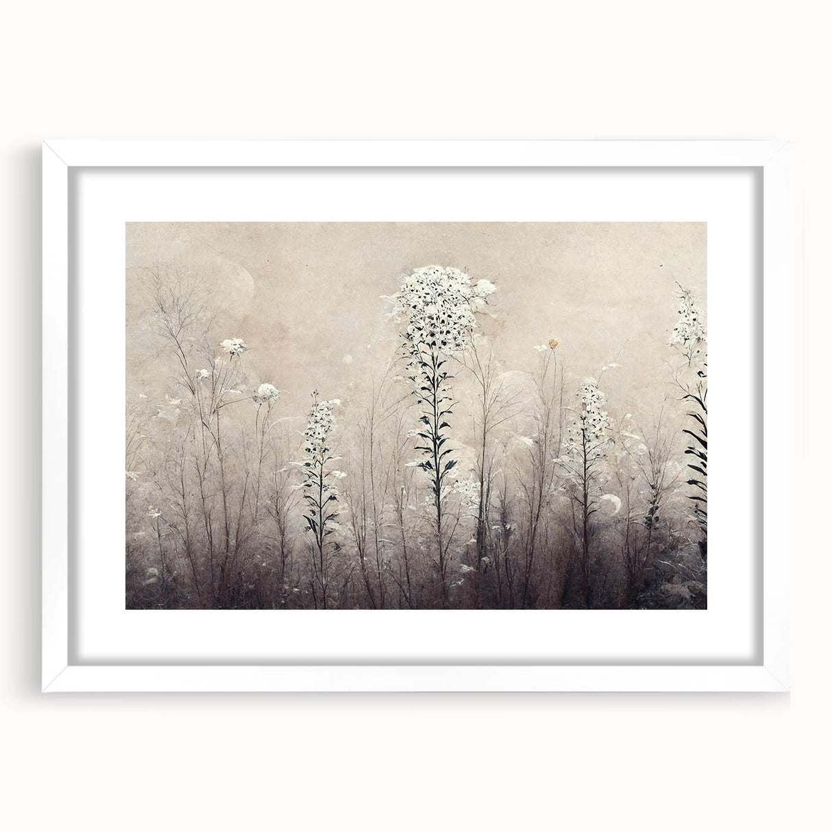 Abstract floral wall art framed in white with a mat, showcasing vibrant colors and intricate designs, ideal for enhancing modern home decor. This artwork adds a touch of elegance and creativity to any room.