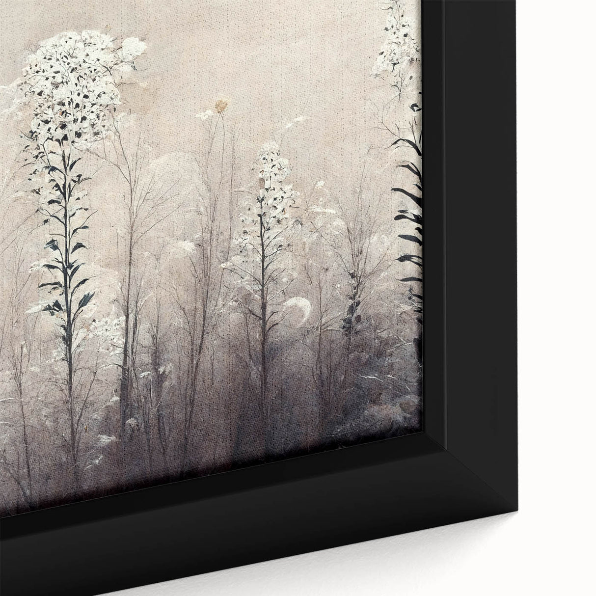 Close-up of framed canvas wall art showcasing vibrant abstract floral designs in shades of blue, pink, and green, perfect for modern home decor.