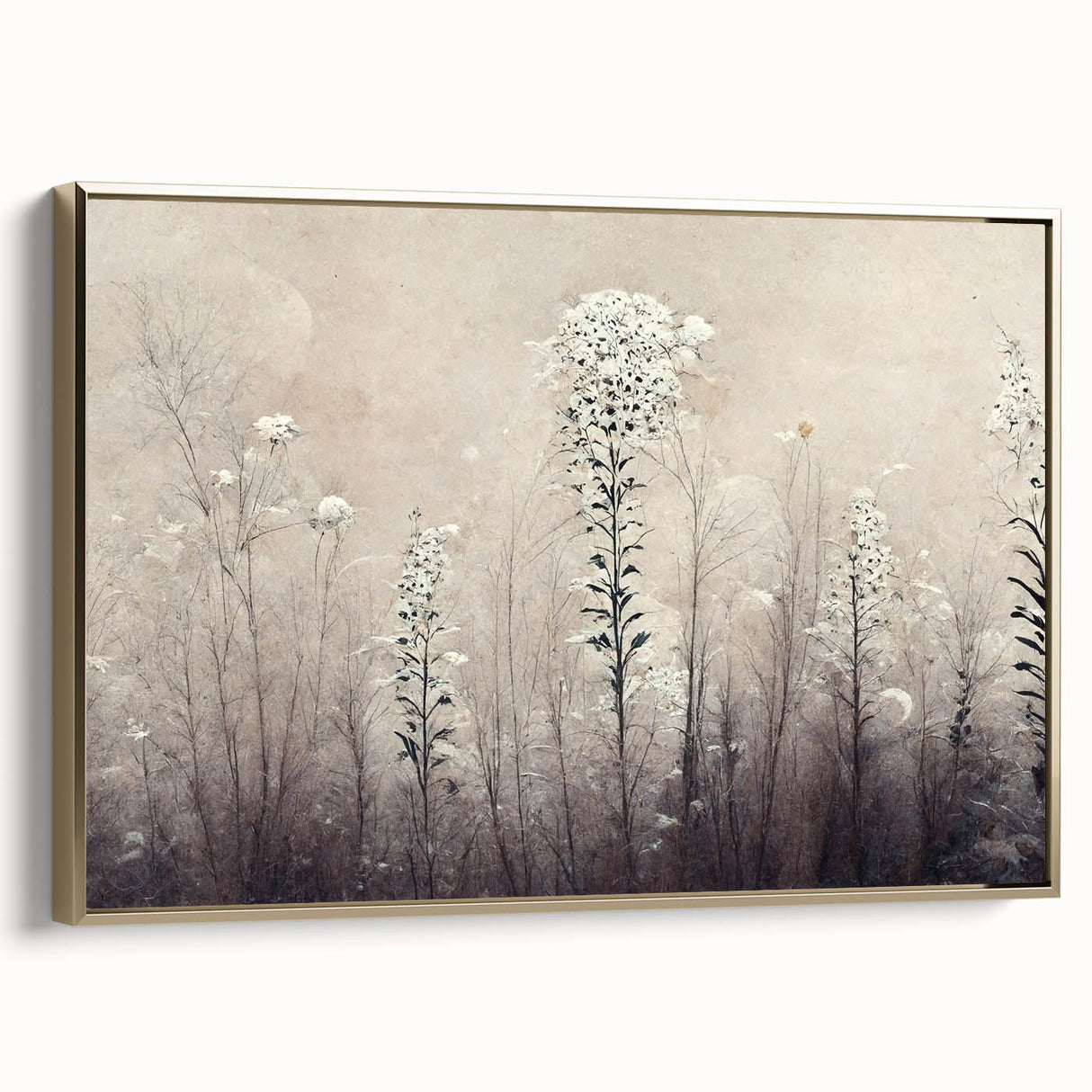 Framed canvas wall art showcasing an abstract floral design with vibrant gold accents, perfect for modern home decor. Side view highlights its elegant frame and artistic details.