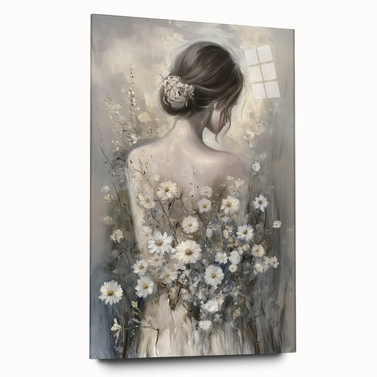 Abstract figurative acrylic artwork displayed on glass, showcasing vibrant colors and dynamic shapes, ideal for modern decor. Side view highlights its sleek design.