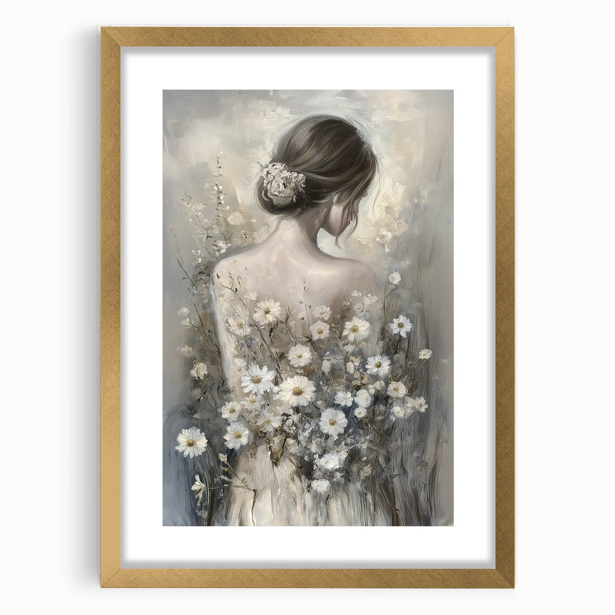 Abstract figurative art frame with a gold mat, showcasing a modern design suitable for home decor. Ideal for enhancing interior aesthetics and art collections.