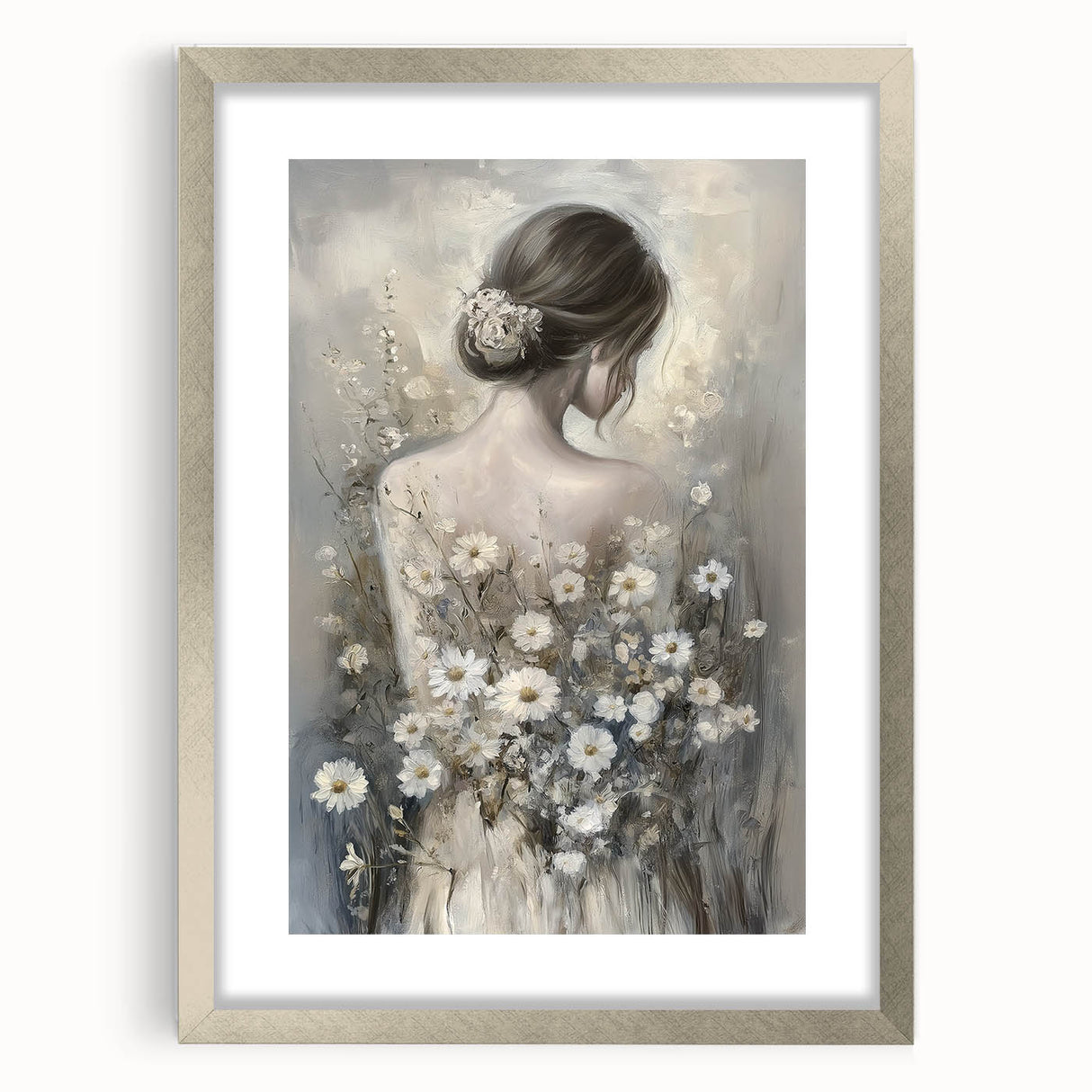 Abstract figurative frame with a silver mat, showcasing a modern artistic design. Ideal for enhancing home decor or gallery displays, this piece adds elegance to any space.