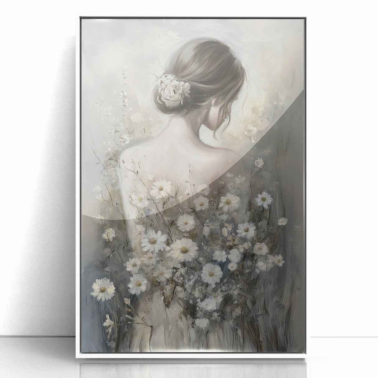 Abstract figurative wall art in a sleek white frame, showcasing vibrant colors and dynamic shapes, perfect for contemporary home decor or art enthusiasts.