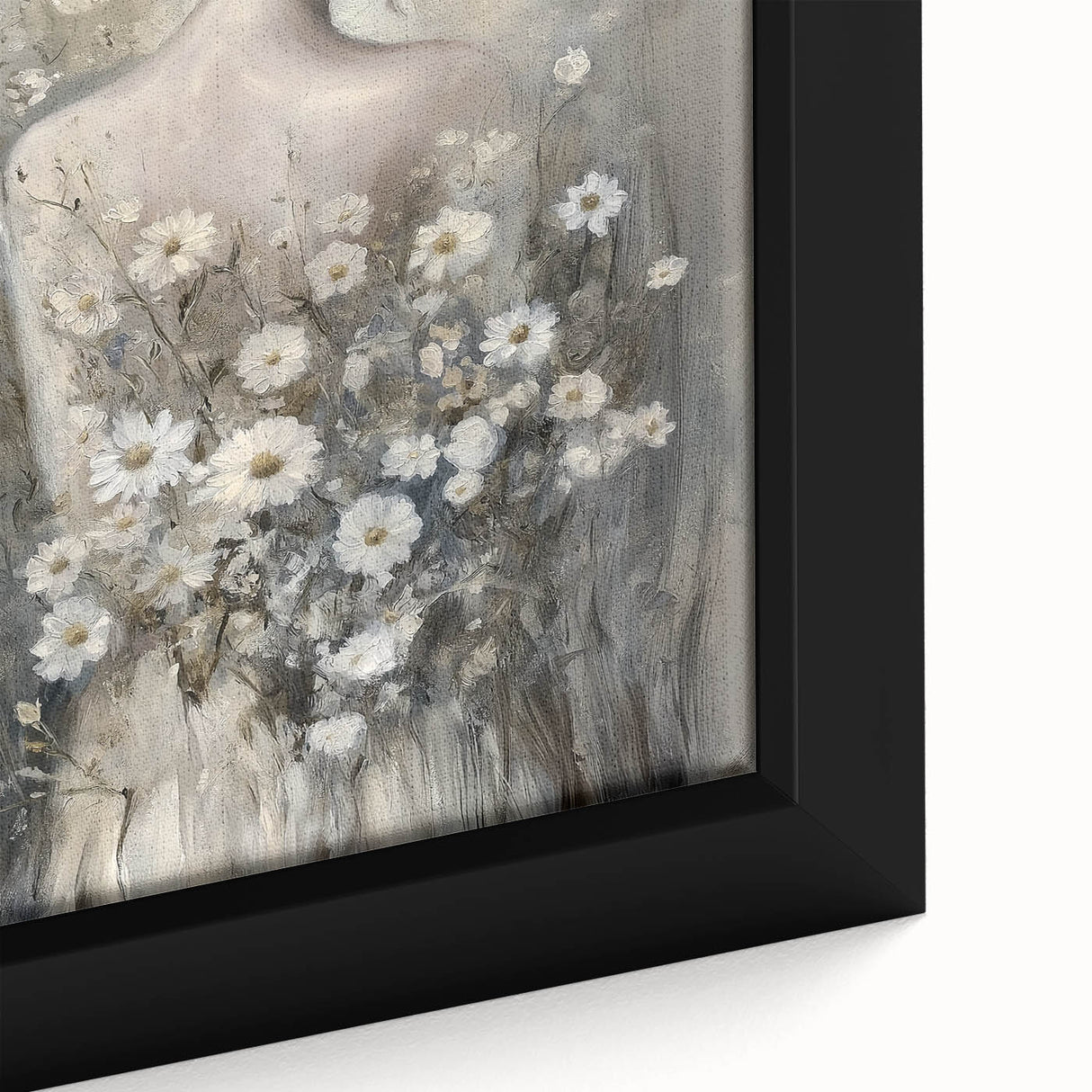 Close-up of an abstract figurative framed canvas artwork showcasing vibrant colors and dynamic shapes, perfect for modern home decor and artistic expression.