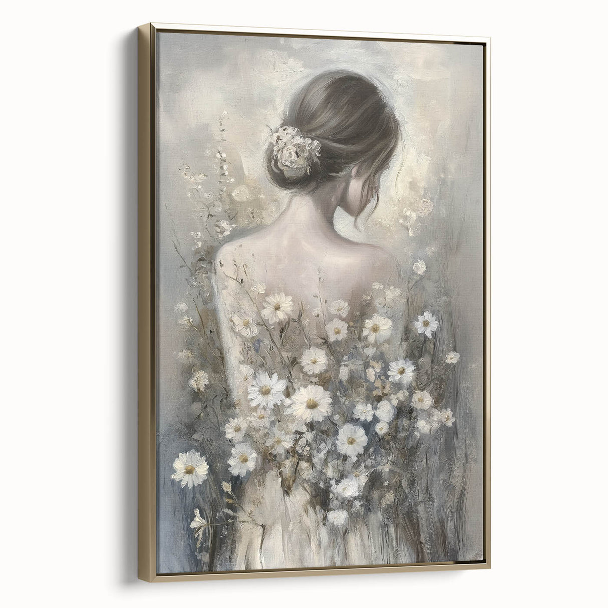 Framed abstract figurative canvas art with gold accents, showcasing a modern design in a side view, perfect for contemporary home decor.