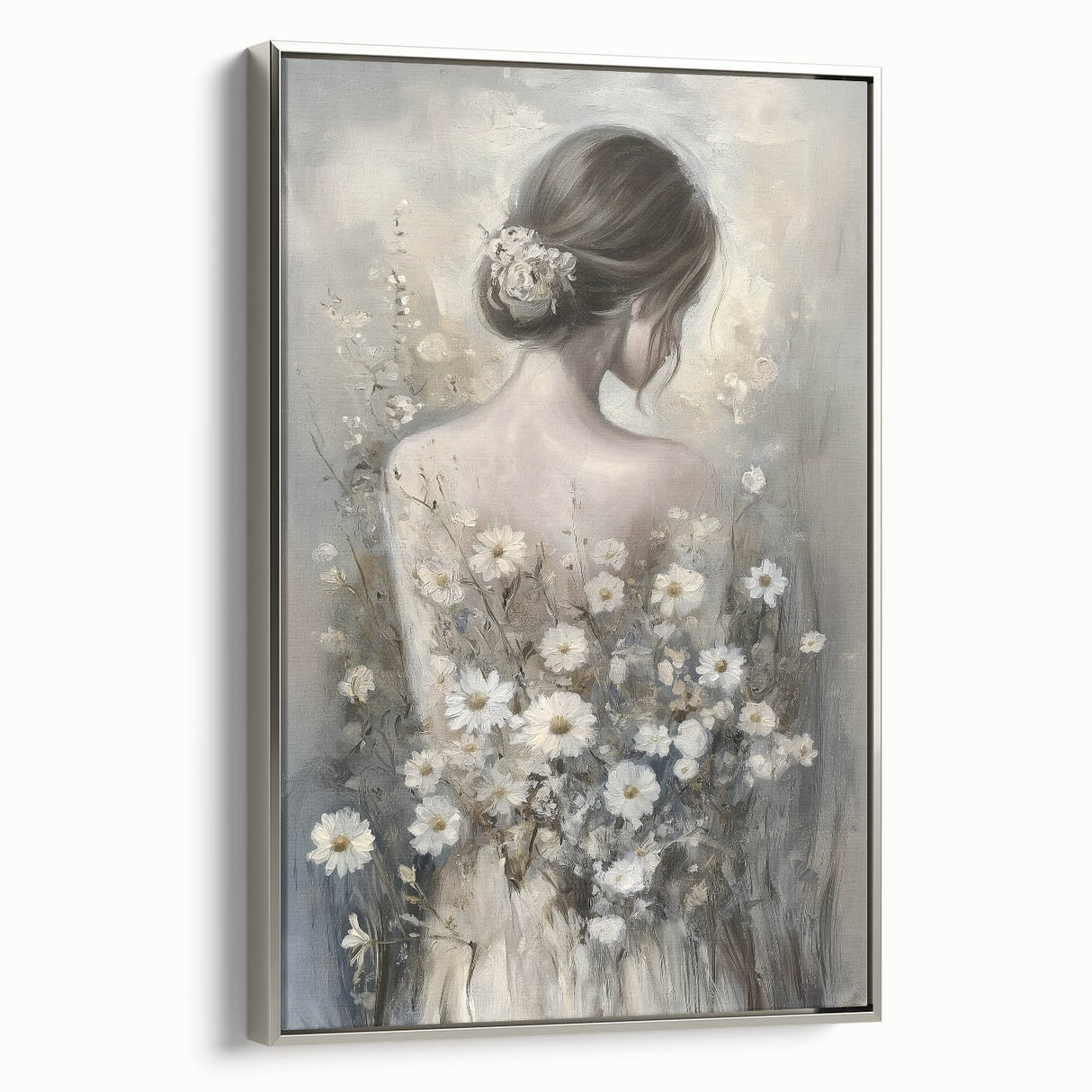 Framed abstract figurative canvas art in silver frame, showcasing elegant brush strokes and a modern design, perfect for contemporary home decor.