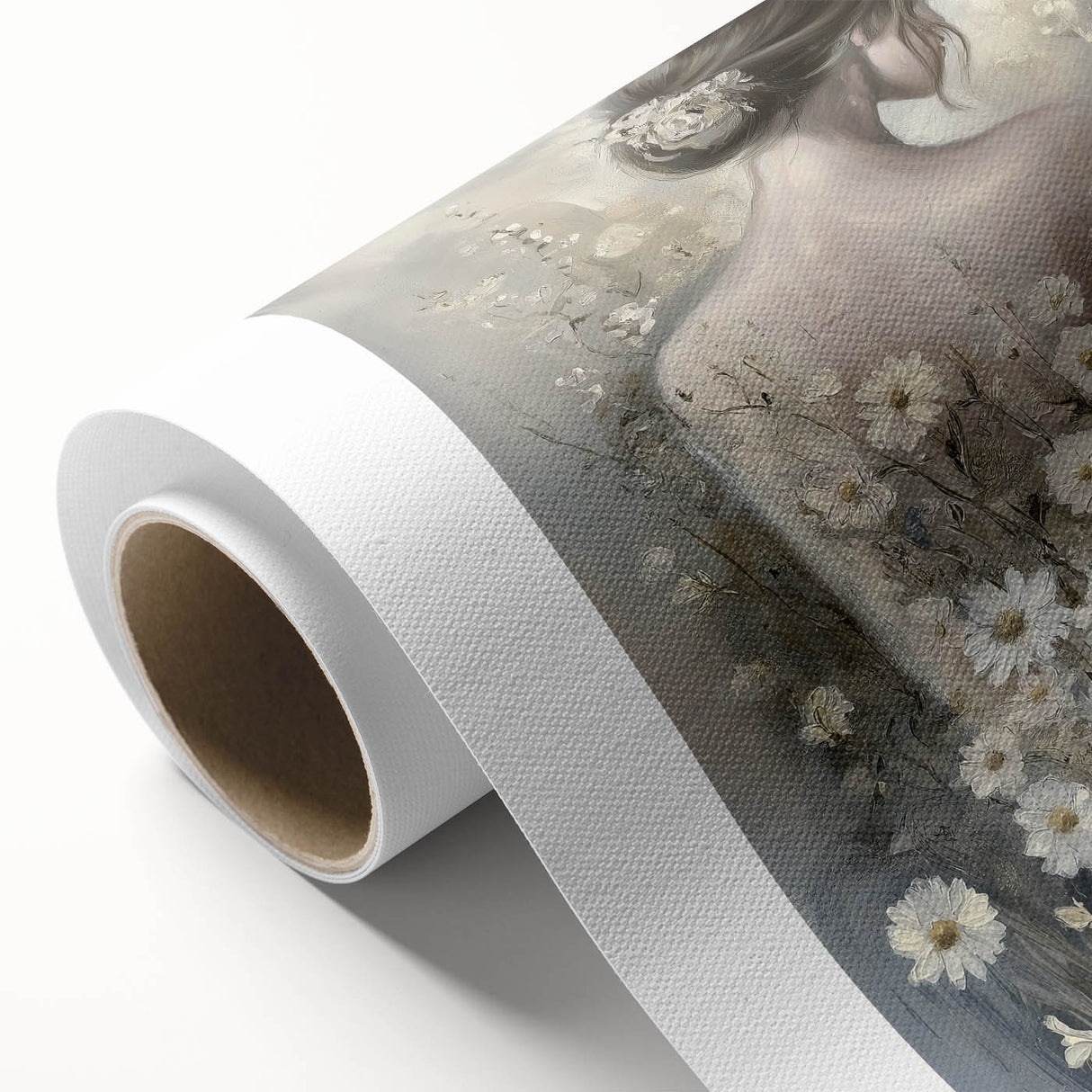 Abstract figurative art print on rolled canvas showcasing vibrant colors and dynamic shapes, beautifully packaged in a protective cardboard tube for easy display.