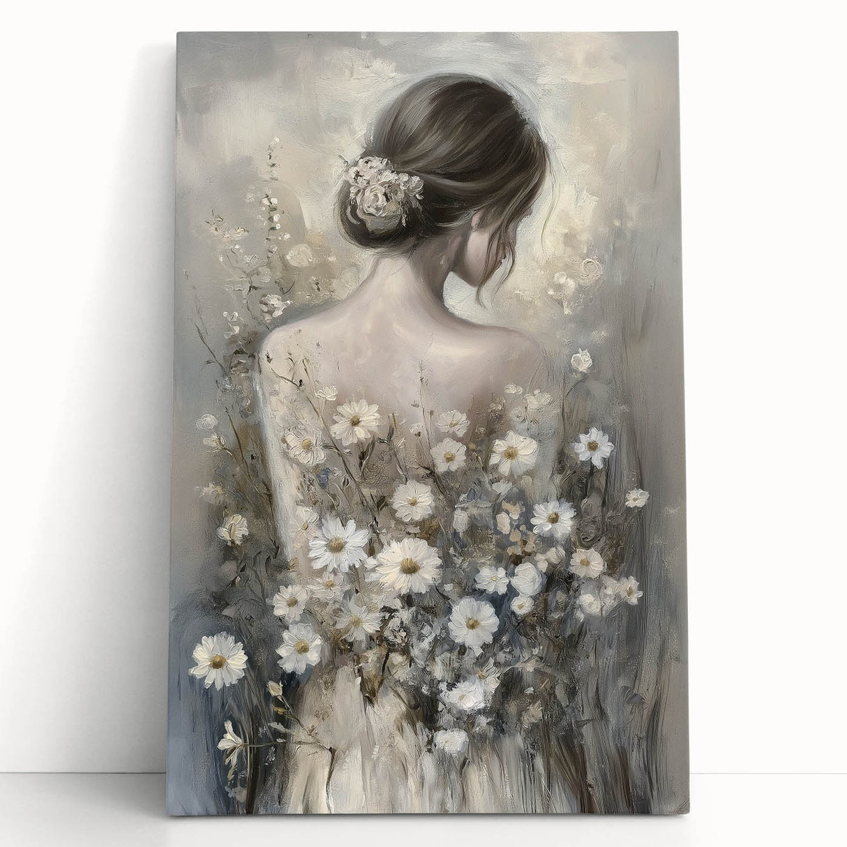 Abstract figurative stretched canvas artwork with vibrant colors and dynamic shapes, leaning against a neutral wall, perfect for modern home decor.