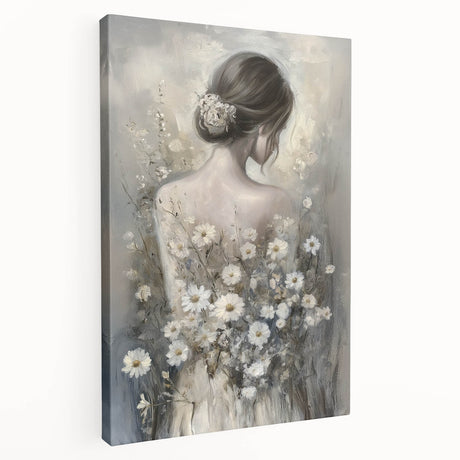 Abstract figurative stretched canvas artwork showcasing vibrant colors and dynamic shapes, perfect for modern home decor, displayed in a side view to highlight its depth and texture.