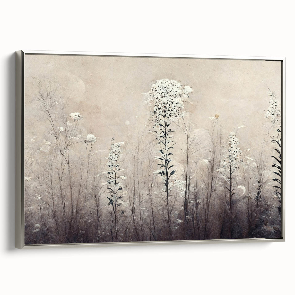 Framed canvas wall art featuring abstract florals in silver tones, showcasing a contemporary design with a sleek side view. Ideal for modern home decor.