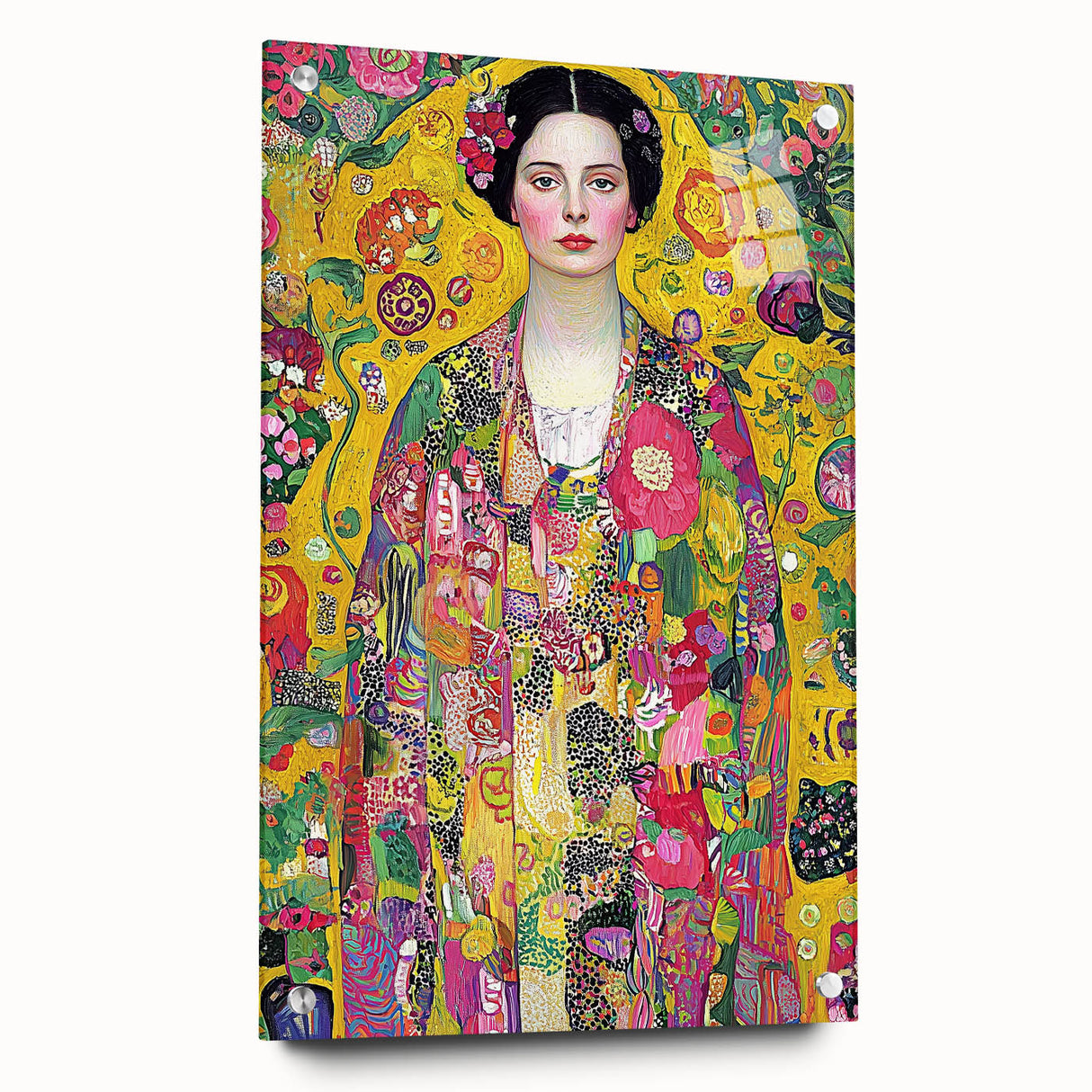 Abstract figurative acrylic artwork displayed in a glass frame, showcasing vibrant colors and unique pin details, perfect for modern interior decor.