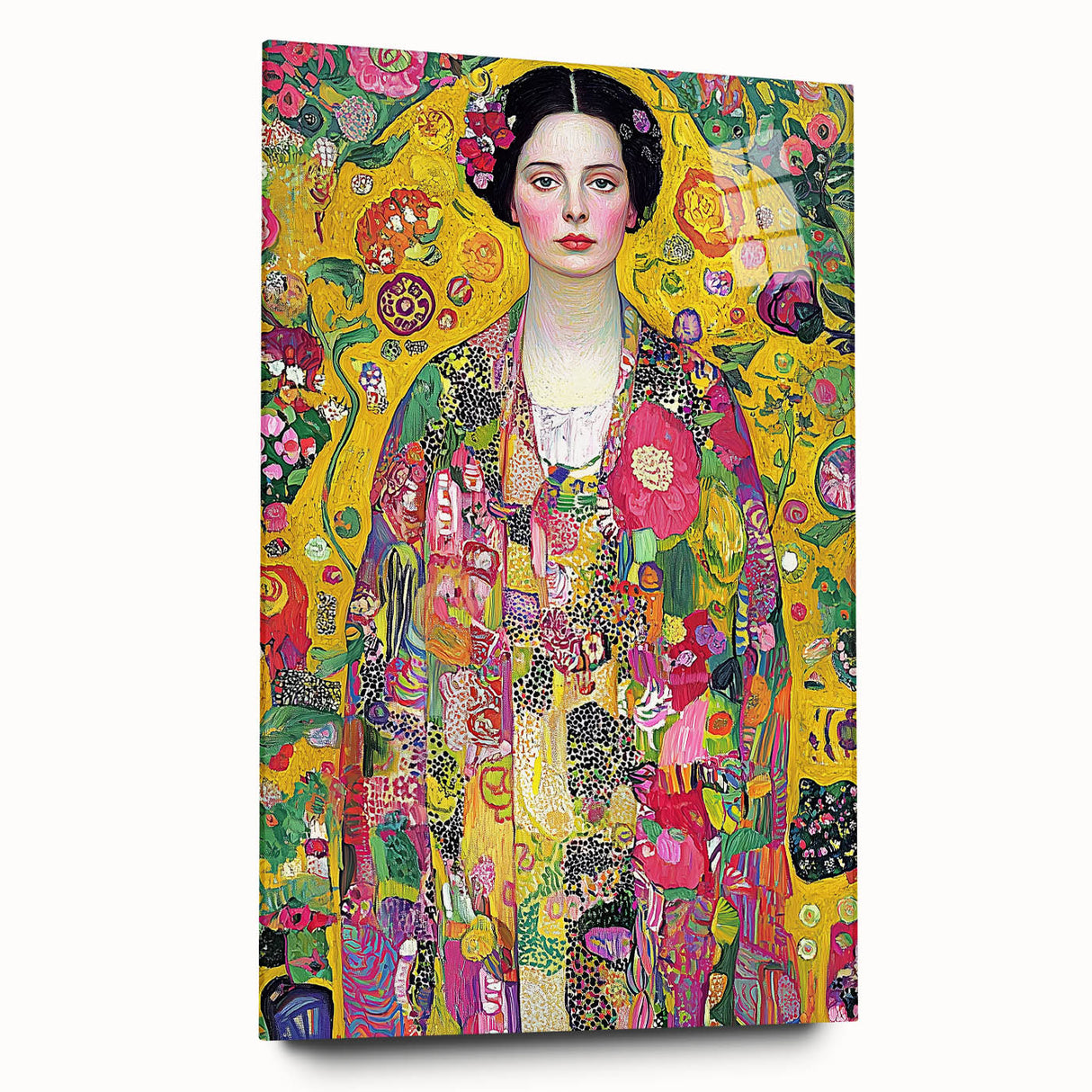 Abstract figurative acrylic artwork displayed from a side view, showcasing vibrant colors and dynamic shapes, perfect for modern home decor. The glass frame enhances the visual appeal, making it an eye-catching centerpiece.