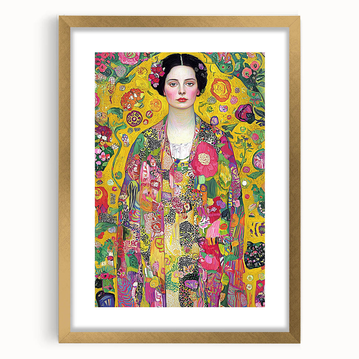 Abstract figurative artwork framed in a gold mat, showcasing vibrant colors and intricate details, perfect for modern home decor and artistic expression.