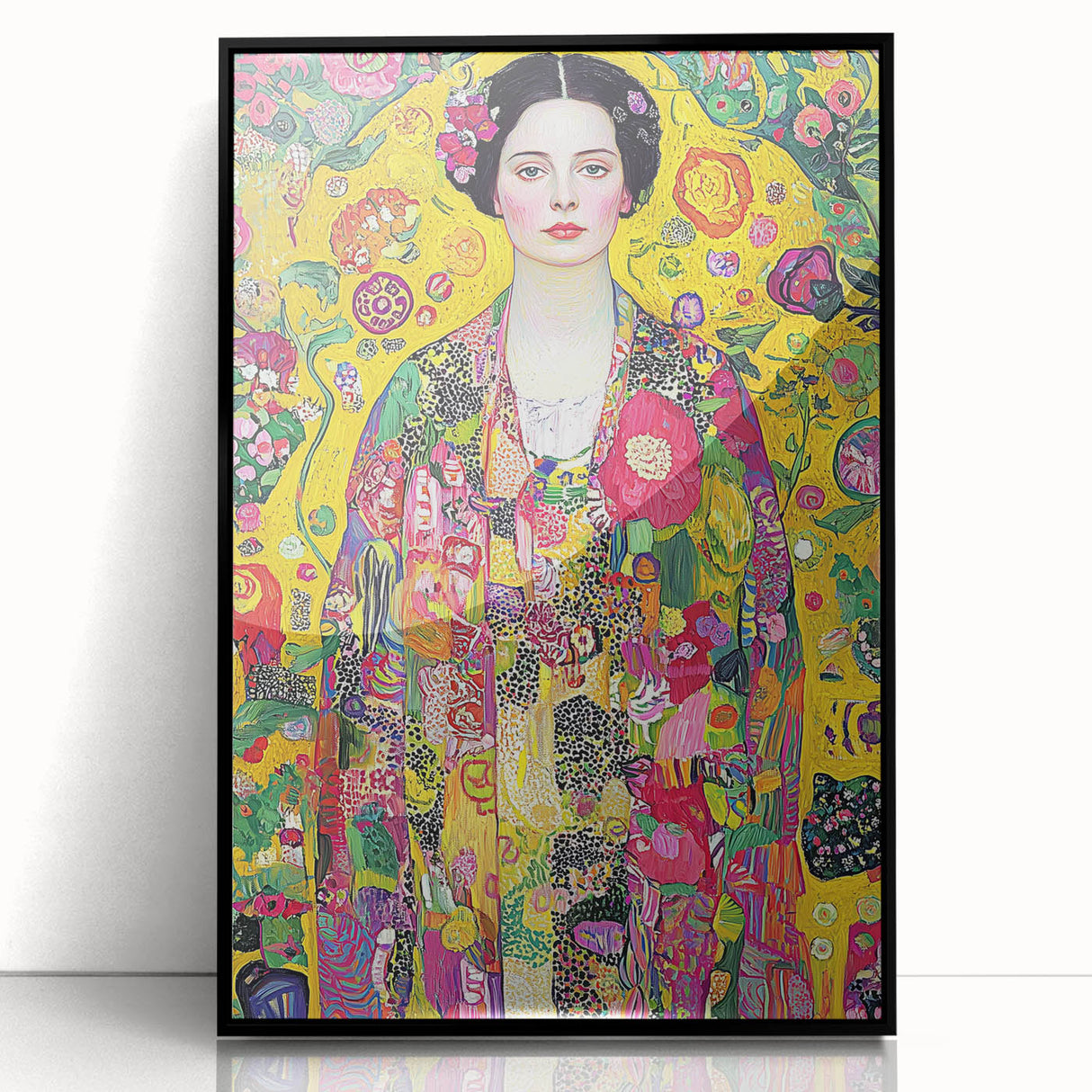 Abstract figurative framed acrylic artwork showcasing a blend of bold black and vibrant colors, perfect for modern interior decor. Ideal for art enthusiasts seeking unique wall accents.