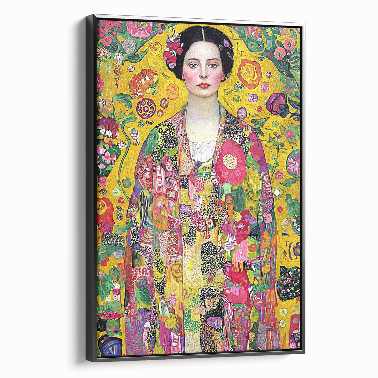 Framed abstract figurative canvas art in a sleek black frame, showcasing dynamic shapes and vibrant colors, perfect for modern home decor or artistic display.