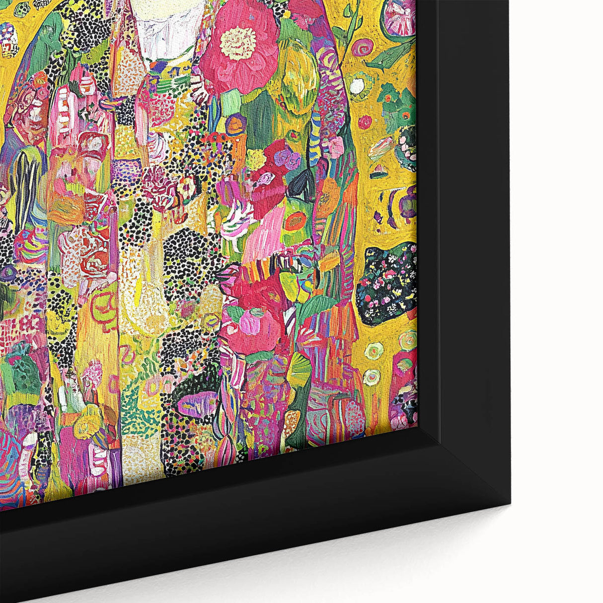 Close-up of a framed abstract figurative canvas artwork showcasing vibrant colors and dynamic shapes, perfect for modern home decor or gallery display.