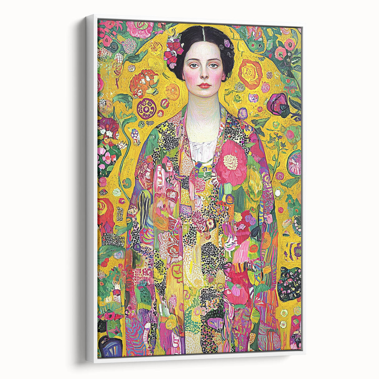 Abstract figurative framed canvas artwork displayed in a white frame, showcasing vibrant colors and dynamic shapes, ideal for modern home decor and artistic flair.